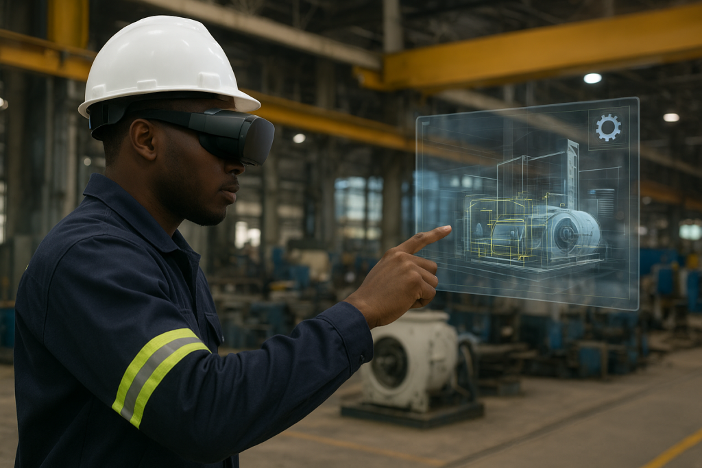 Industrial worker using XR headset for industrial XR training simulation
