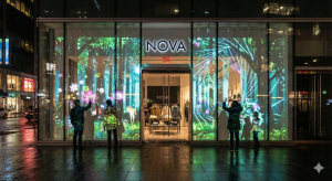 3D projection mapping ROI campaign on a city building at night showing brand marketing statistics by Cebirra Indonesia