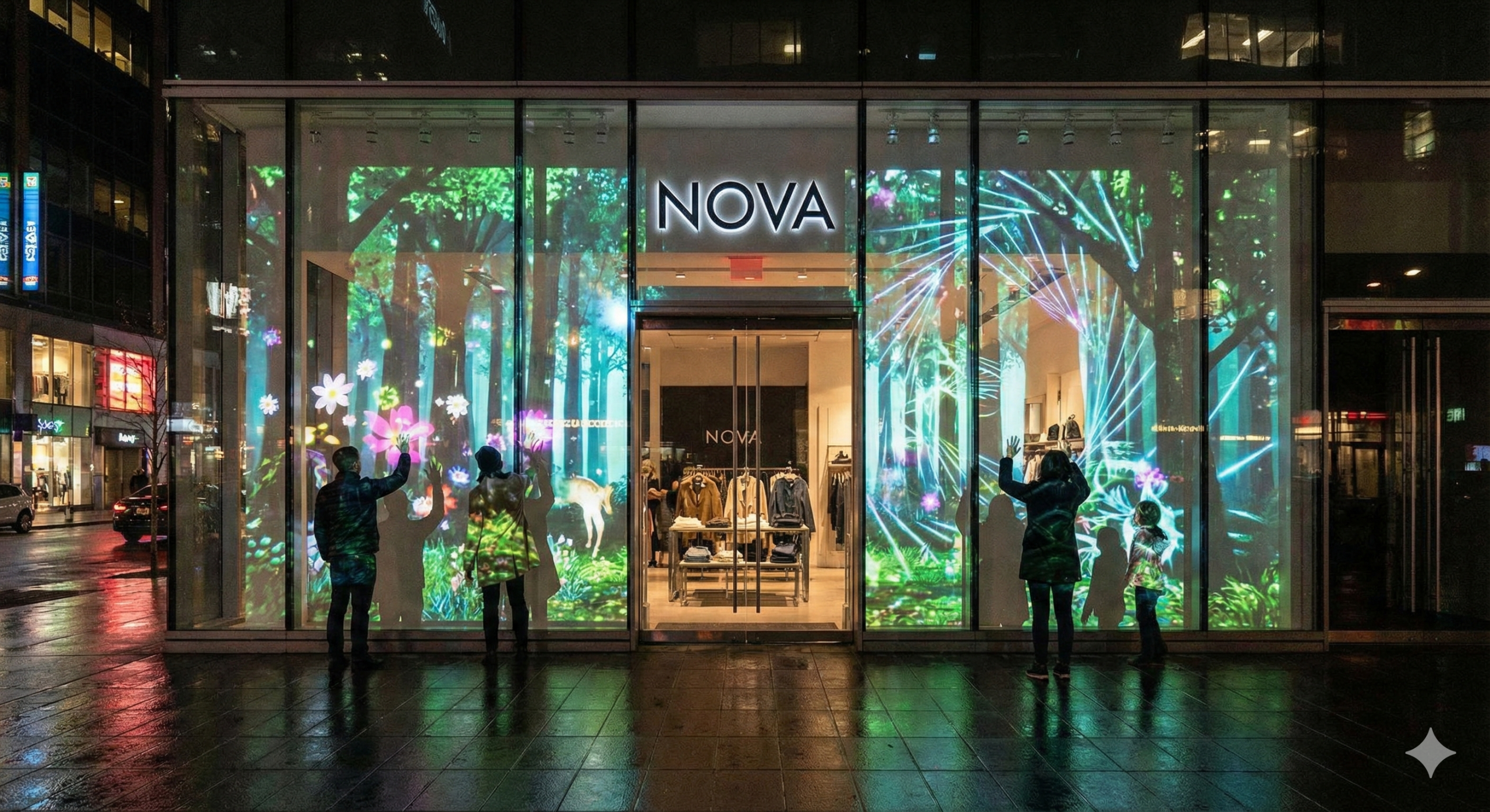 3D projection mapping ROI campaign on a city building at night showing brand marketing statistics by Cebirra Indonesia