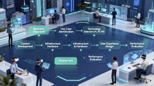 Diverse team using XR headsets and AR glasses in office and industrial settings, with holographic data visualizations connecting real and virtual environments