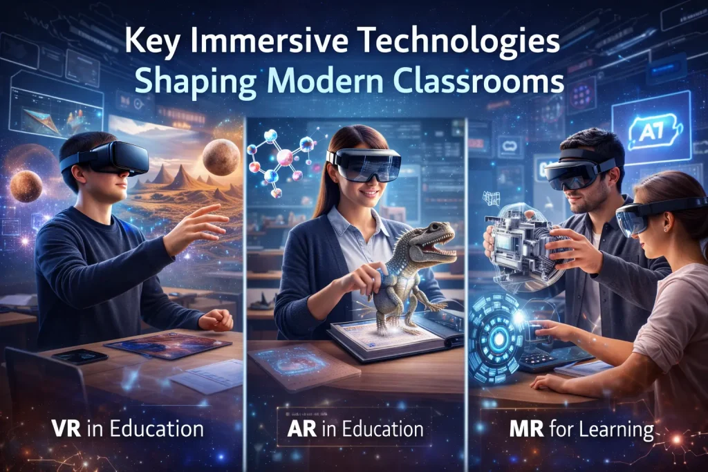 Key immersive technologies shaping modern classrooms including virtual reality, augmented reality, and mixed reality learning too