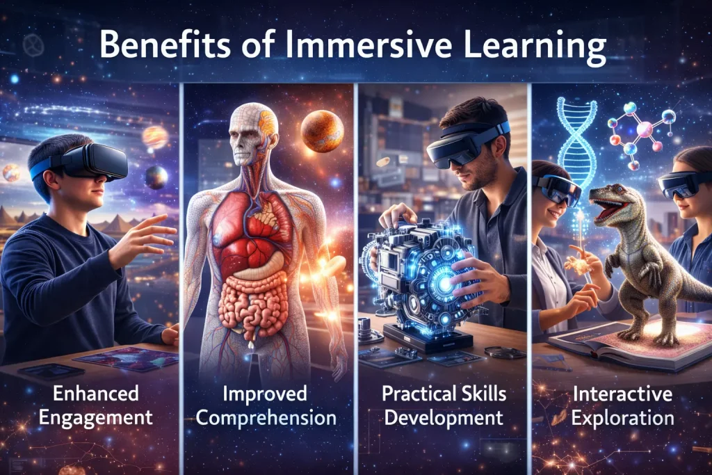Benefits of immersive learning including higher engagement, better knowledge retention, practical skill development, and collaborative learning
