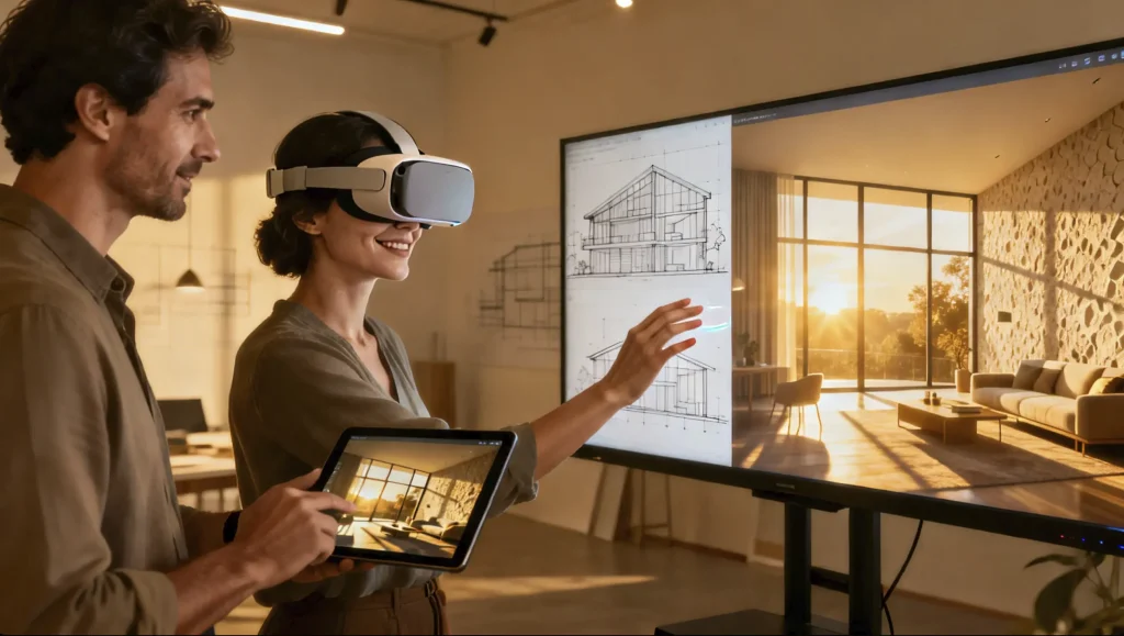 Client experiencing immersive technology in architecture presentation with VR headset and architect guidance