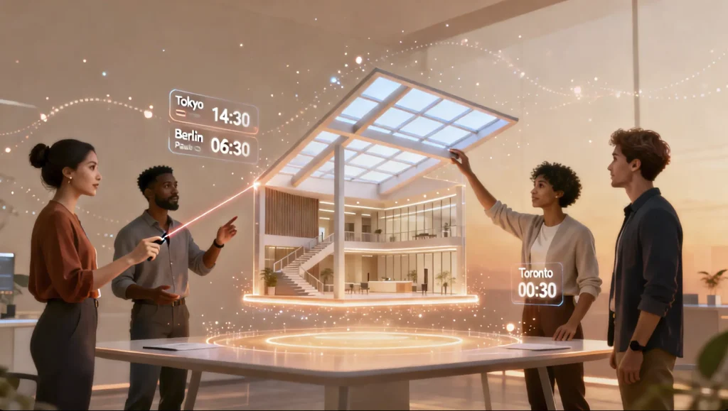 Global team collaborating in shared virtual space using immersive technology in architecture platforms