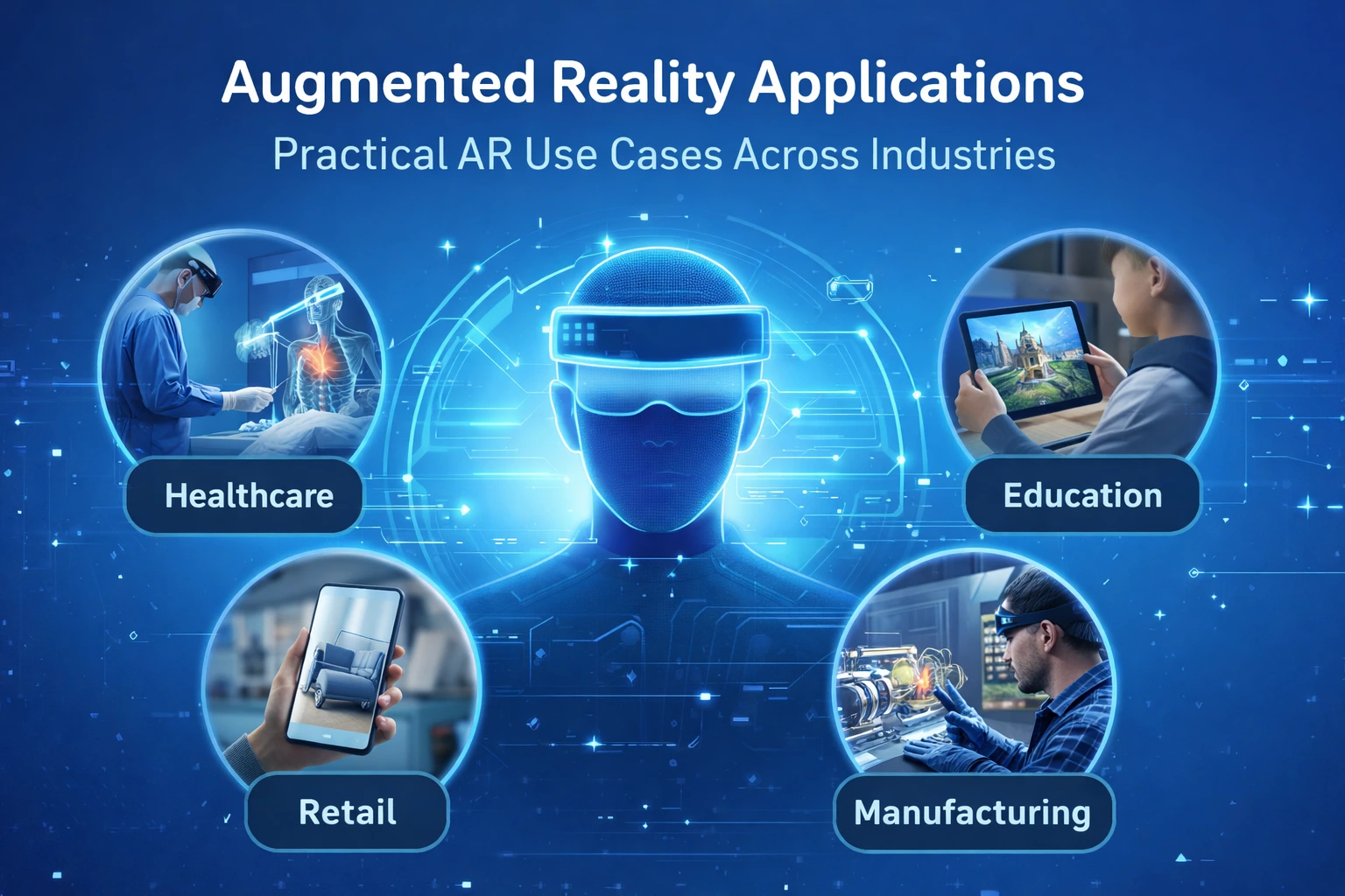 Augmented reality applications across industries including healthcare, education, retail, and manufacturing