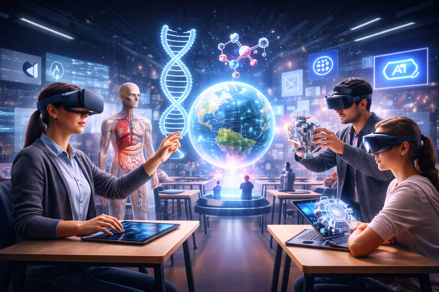 Immersive technology in education showing students using VR headsets and AR holograms in a modern digital classroom