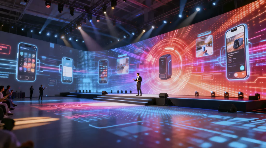 LED wall display and architectural projection mapping comparison at a modern event environment