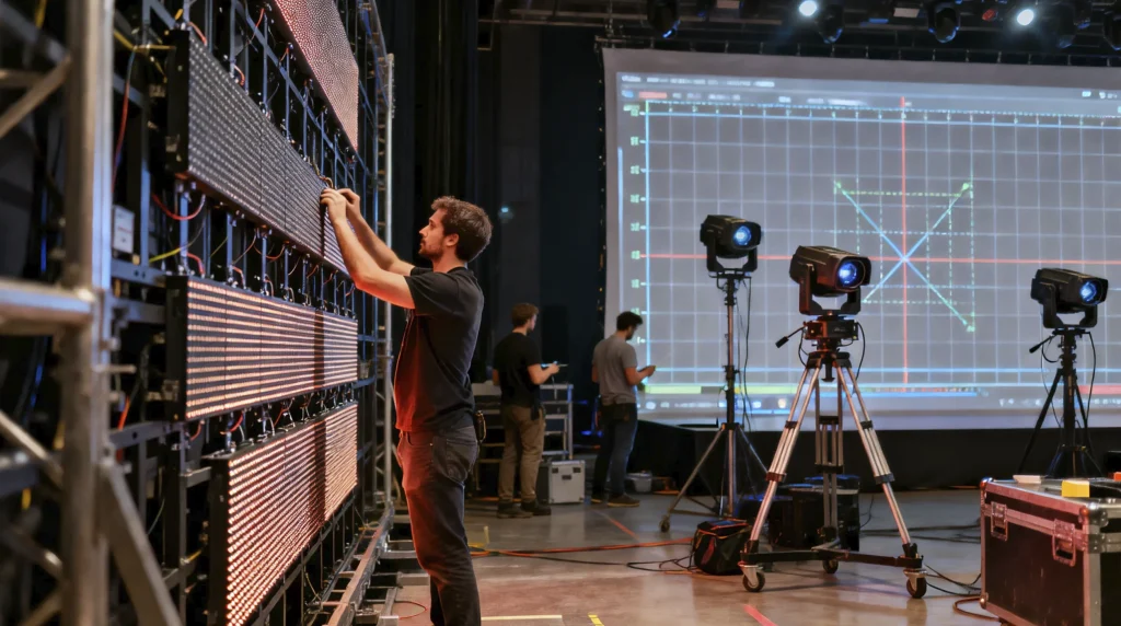 Technicians installing LED wall panels and setting up projection mapping equipment for an event