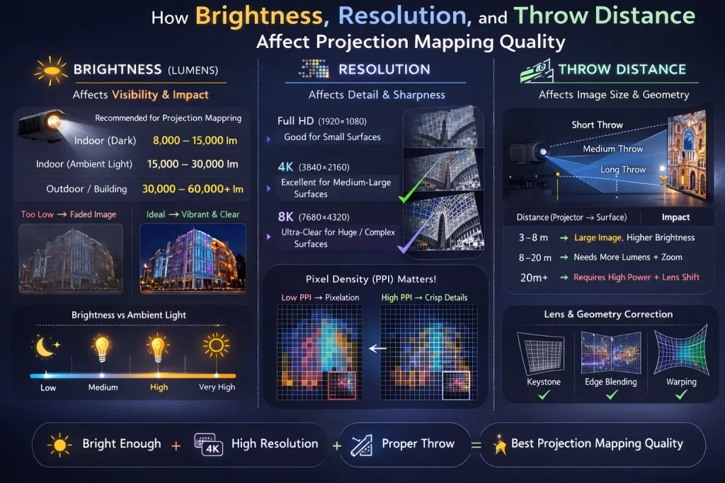 How Brightness, Resolution, and Throw Distance Affect Projection Mapping Quality