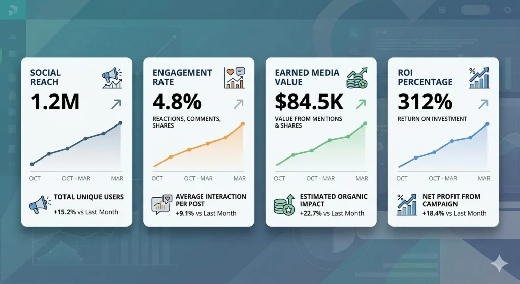 3D projection mapping ROI campaign on a city building at night showing brand marketing statistics by Cebirra Indonesia